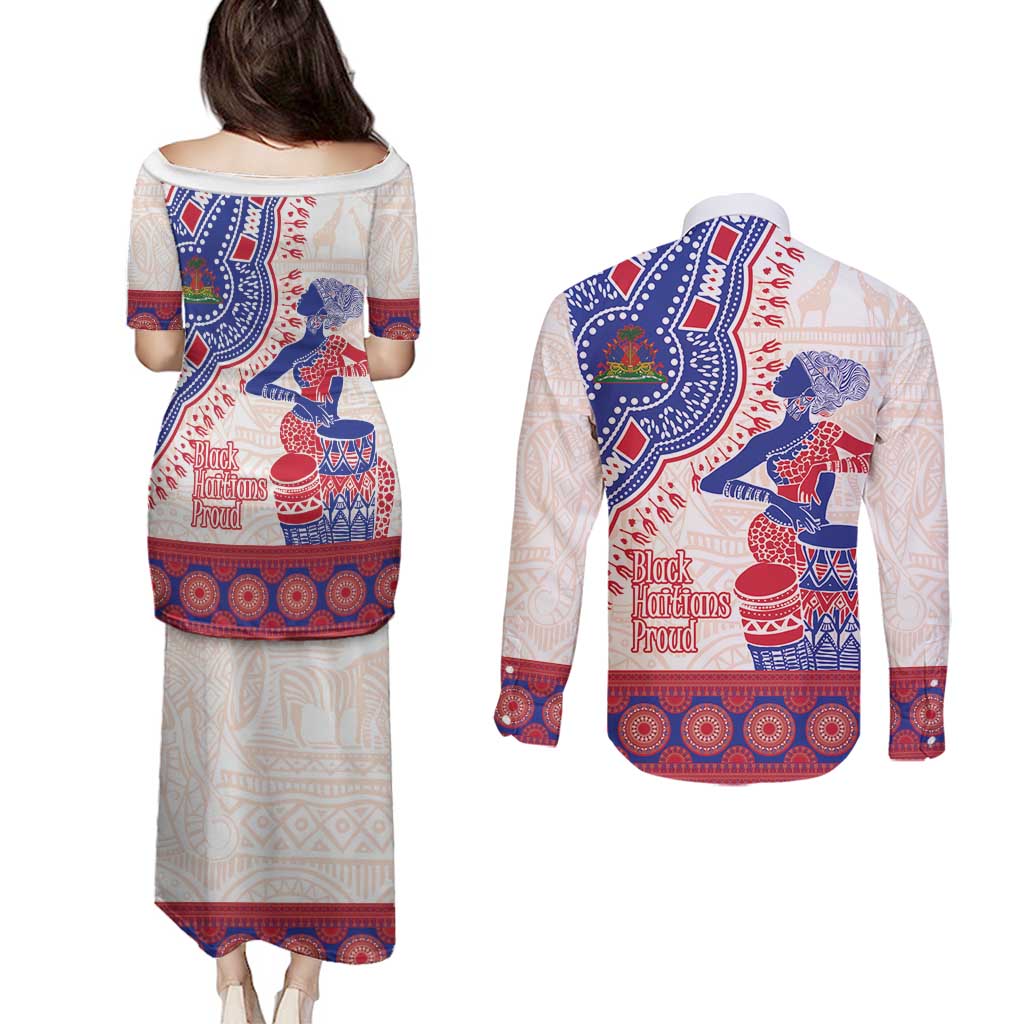 Afro-Haitians Proud Couples Matching Puletasi and Long Sleeve Button Shirt Haiti Coat Of Arms Dashiki