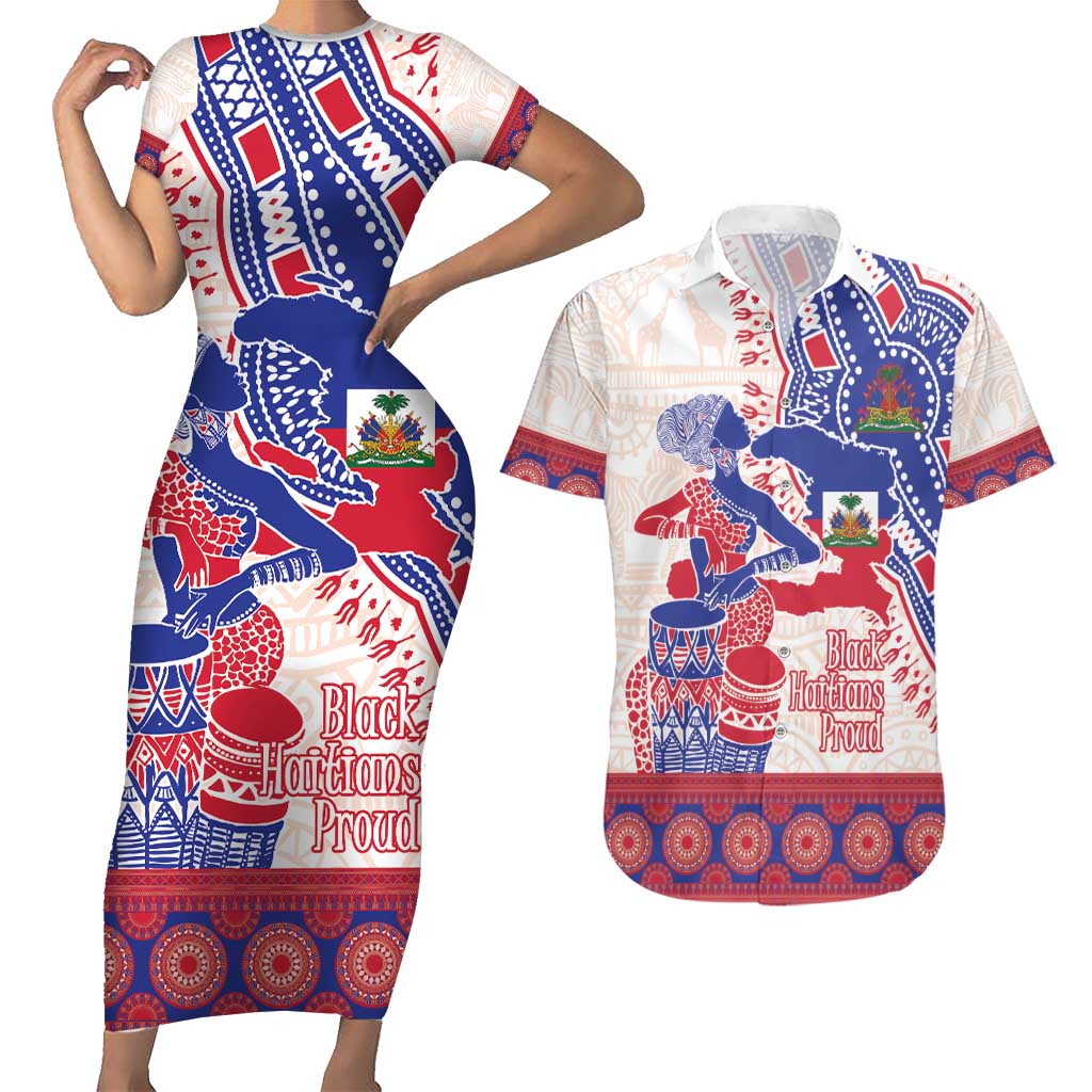 Afro-Haitians Proud Couples Matching Short Sleeve Bodycon Dress and Hawaiian Shirt Haiti Coat Of Arms Dashiki