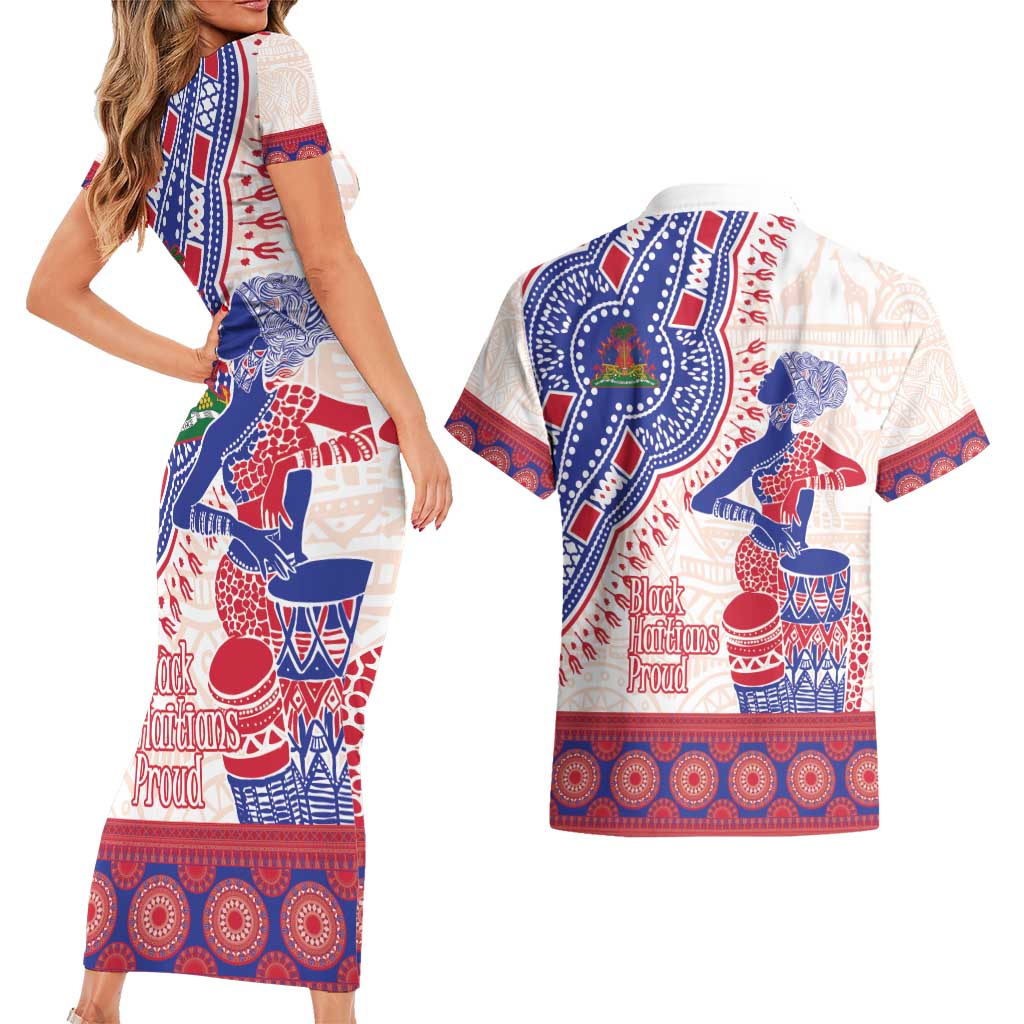 Afro-Haitians Proud Couples Matching Short Sleeve Bodycon Dress and Hawaiian Shirt Haiti Coat Of Arms Dashiki