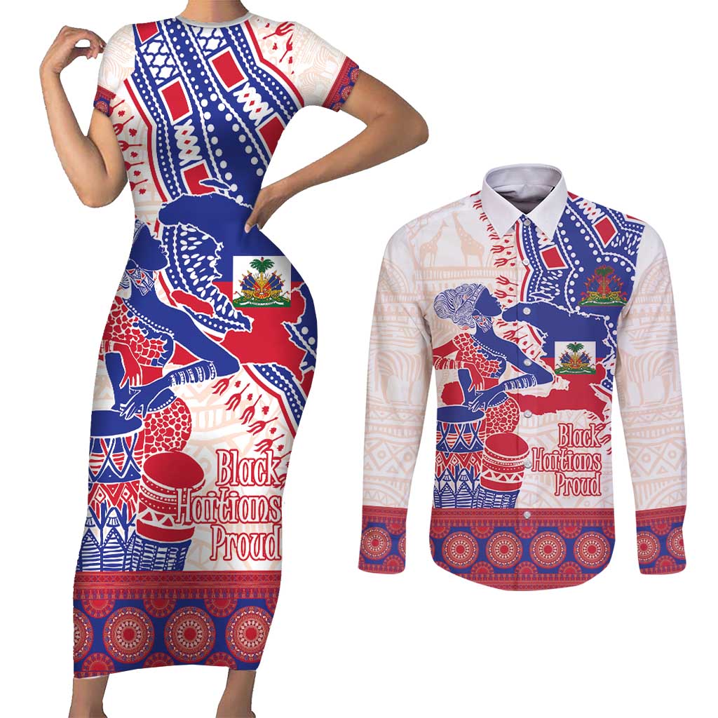 Afro-Haitians Proud Couples Matching Short Sleeve Bodycon Dress and Long Sleeve Button Shirt Haiti Coat Of Arms Dashiki