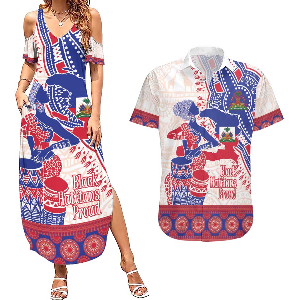 Afro-Haitians Proud Couples Matching Summer Maxi Dress and Hawaiian Shirt Haiti Coat Of Arms Dashiki