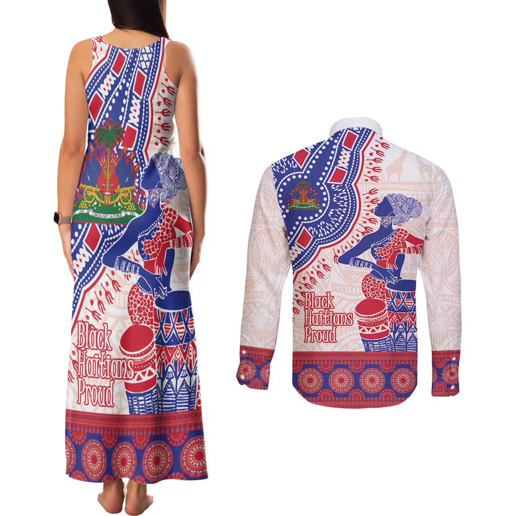 Afro-Haitians Proud Couples Matching Tank Maxi Dress and Long Sleeve Button Shirt Haiti Coat Of Arms Dashiki