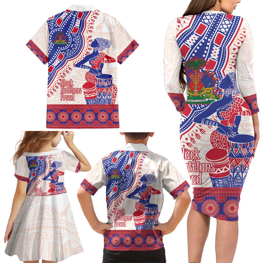 Afro-Haitians Proud Family Matching Long Sleeve Bodycon Dress and Hawaiian Shirt Haiti Coat Of Arms Dashiki