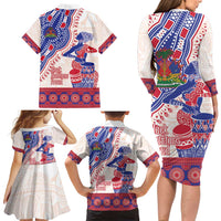 Afro-Haitians Proud Family Matching Long Sleeve Bodycon Dress and Hawaiian Shirt Haiti Coat Of Arms Dashiki