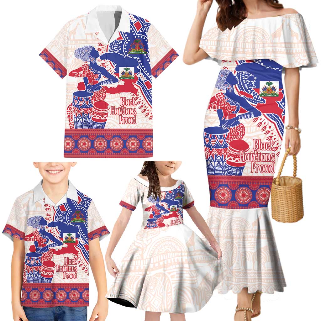Afro-Haitians Proud Family Matching Mermaid Dress and Hawaiian Shirt Haiti Coat Of Arms Dashiki