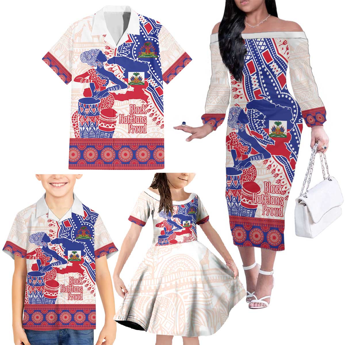 Afro-Haitians Proud Family Matching Off The Shoulder Long Sleeve Dress and Hawaiian Shirt Haiti Coat Of Arms Dashiki