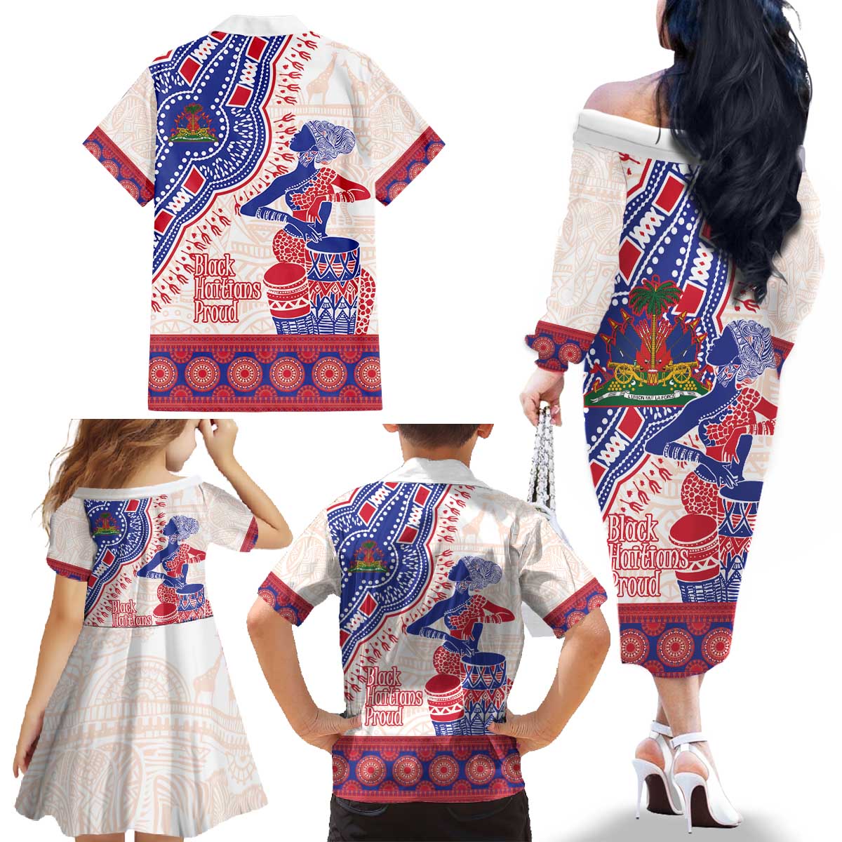 Afro-Haitians Proud Family Matching Off The Shoulder Long Sleeve Dress and Hawaiian Shirt Haiti Coat Of Arms Dashiki