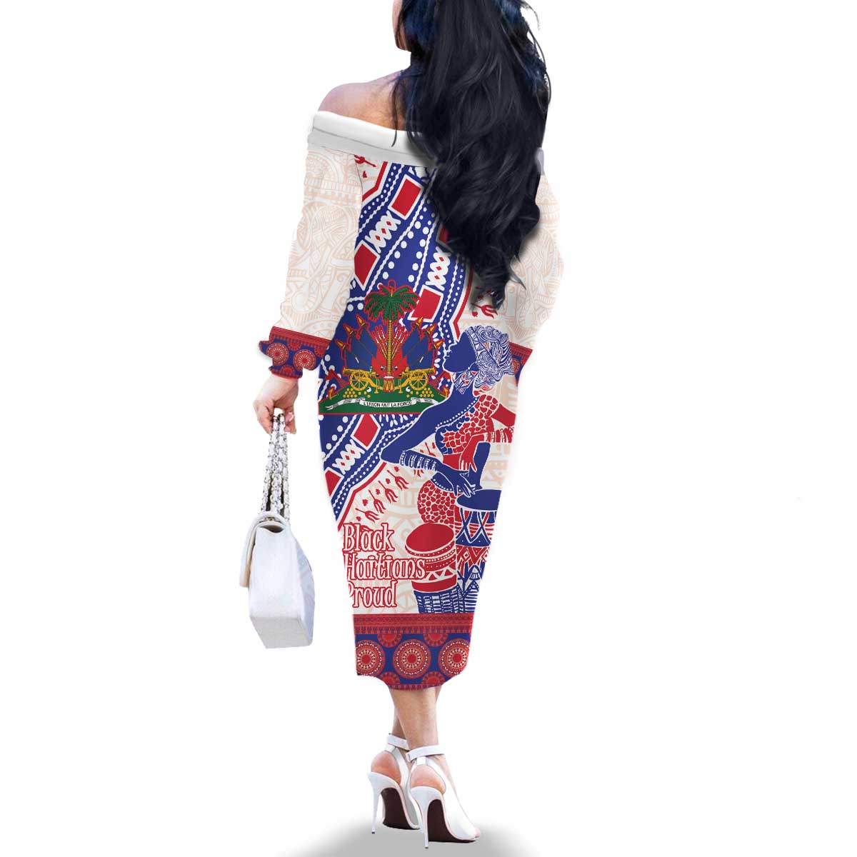 Afro-Haitians Proud Family Matching Off The Shoulder Long Sleeve Dress and Hawaiian Shirt Haiti Coat Of Arms Dashiki