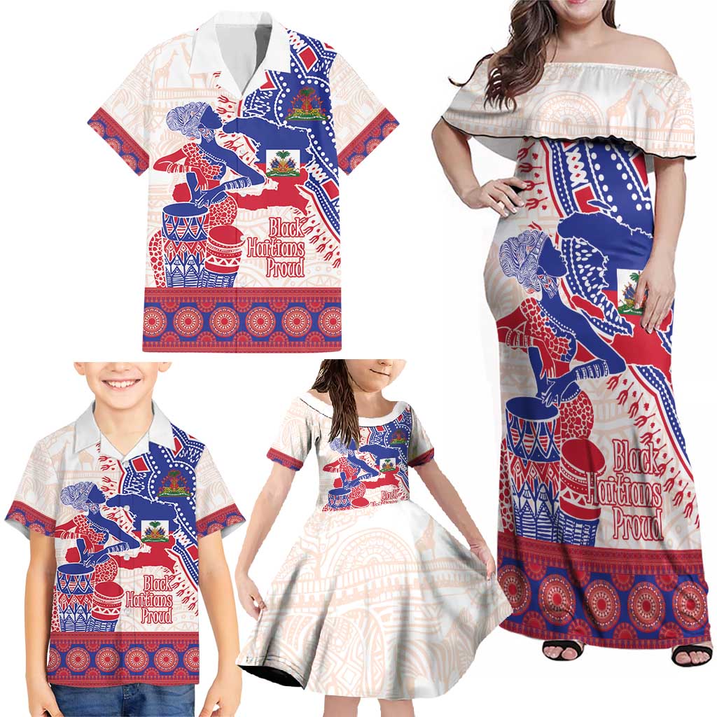 Afro-Haitians Proud Family Matching Off Shoulder Maxi Dress and Hawaiian Shirt Haiti Coat Of Arms Dashiki