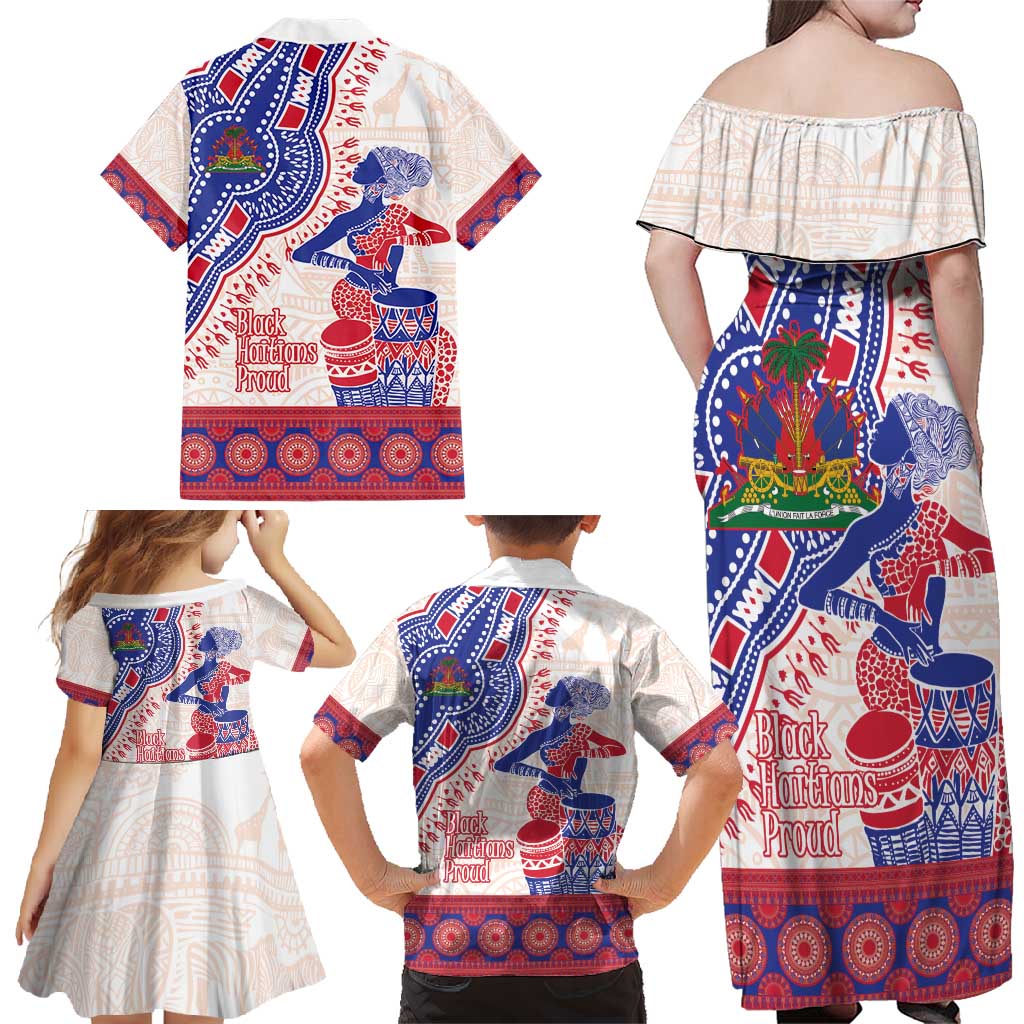 Afro-Haitians Proud Family Matching Off Shoulder Maxi Dress and Hawaiian Shirt Haiti Coat Of Arms Dashiki