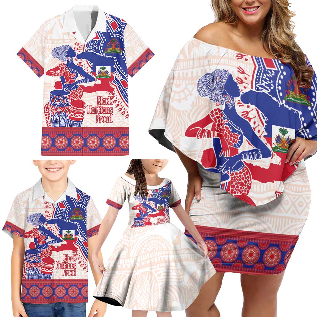 Afro-Haitians Proud Family Matching Off Shoulder Short Dress and Hawaiian Shirt Haiti Coat Of Arms Dashiki