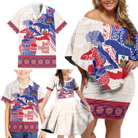 Afro-Haitians Proud Family Matching Off Shoulder Short Dress and Hawaiian Shirt Haiti Coat Of Arms Dashiki