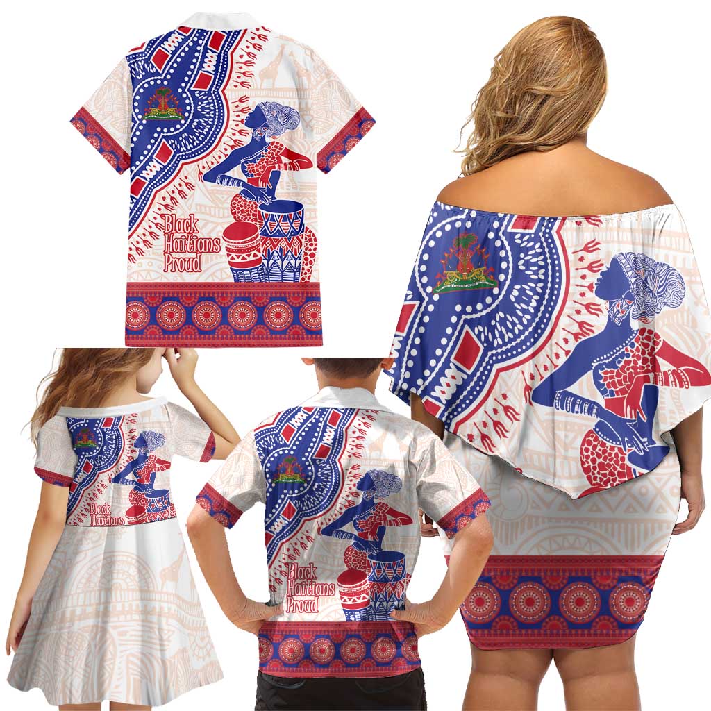 Afro-Haitians Proud Family Matching Off Shoulder Short Dress and Hawaiian Shirt Haiti Coat Of Arms Dashiki