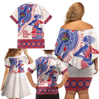 Afro-Haitians Proud Family Matching Off Shoulder Short Dress and Hawaiian Shirt Haiti Coat Of Arms Dashiki