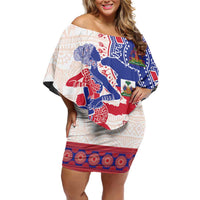 Afro-Haitians Proud Family Matching Off Shoulder Short Dress and Hawaiian Shirt Haiti Coat Of Arms Dashiki