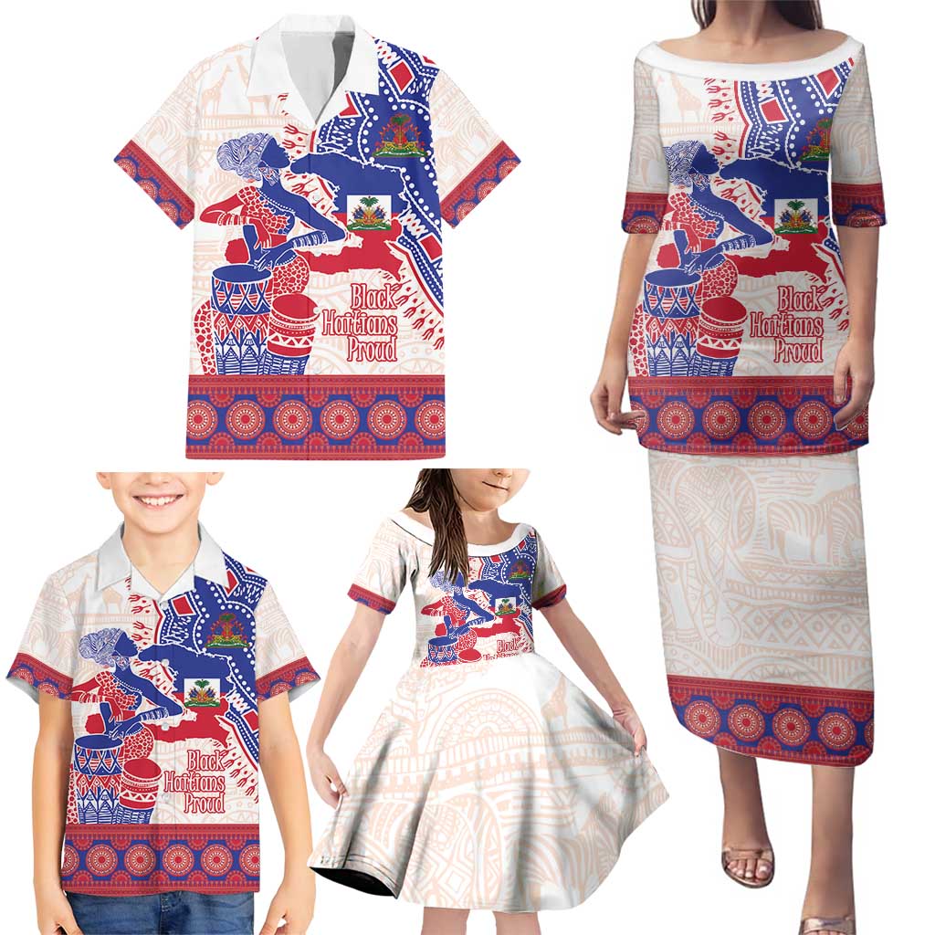 Afro-Haitians Proud Family Matching Puletasi and Hawaiian Shirt Haiti Coat Of Arms Dashiki
