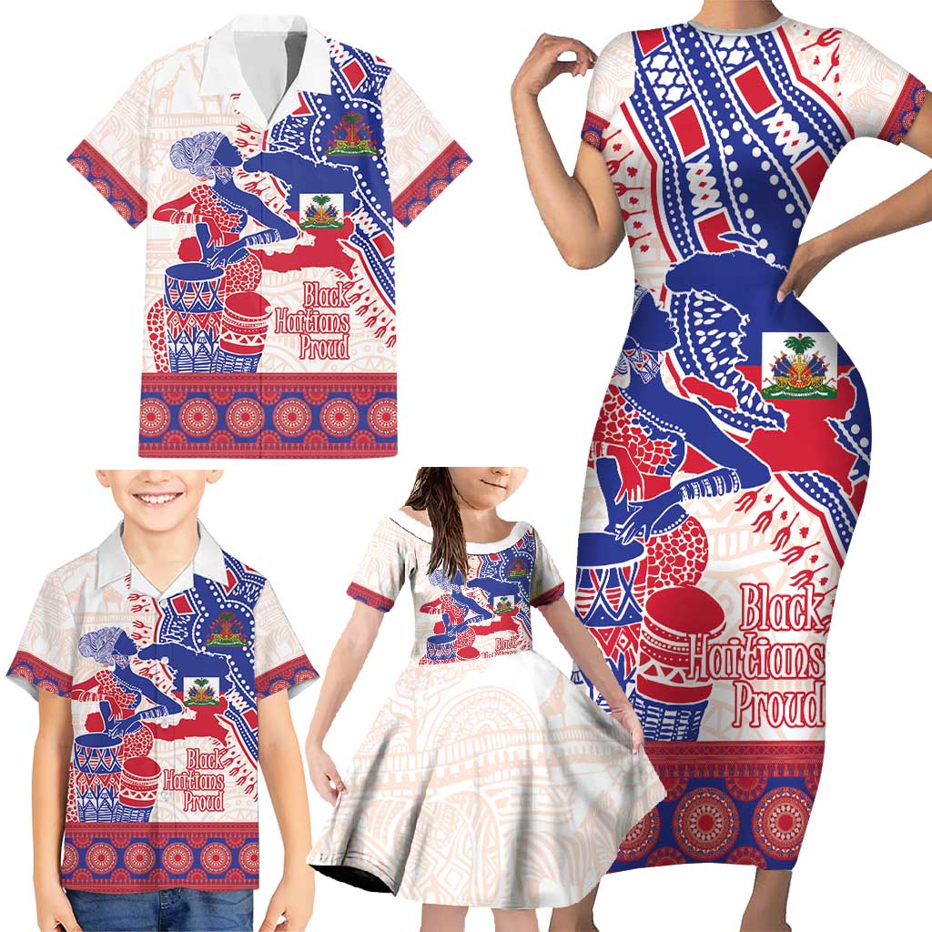 Afro-Haitians Proud Family Matching Short Sleeve Bodycon Dress and Hawaiian Shirt Haiti Coat Of Arms Dashiki