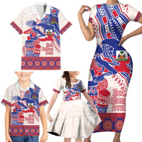 Afro-Haitians Proud Family Matching Short Sleeve Bodycon Dress and Hawaiian Shirt Haiti Coat Of Arms Dashiki