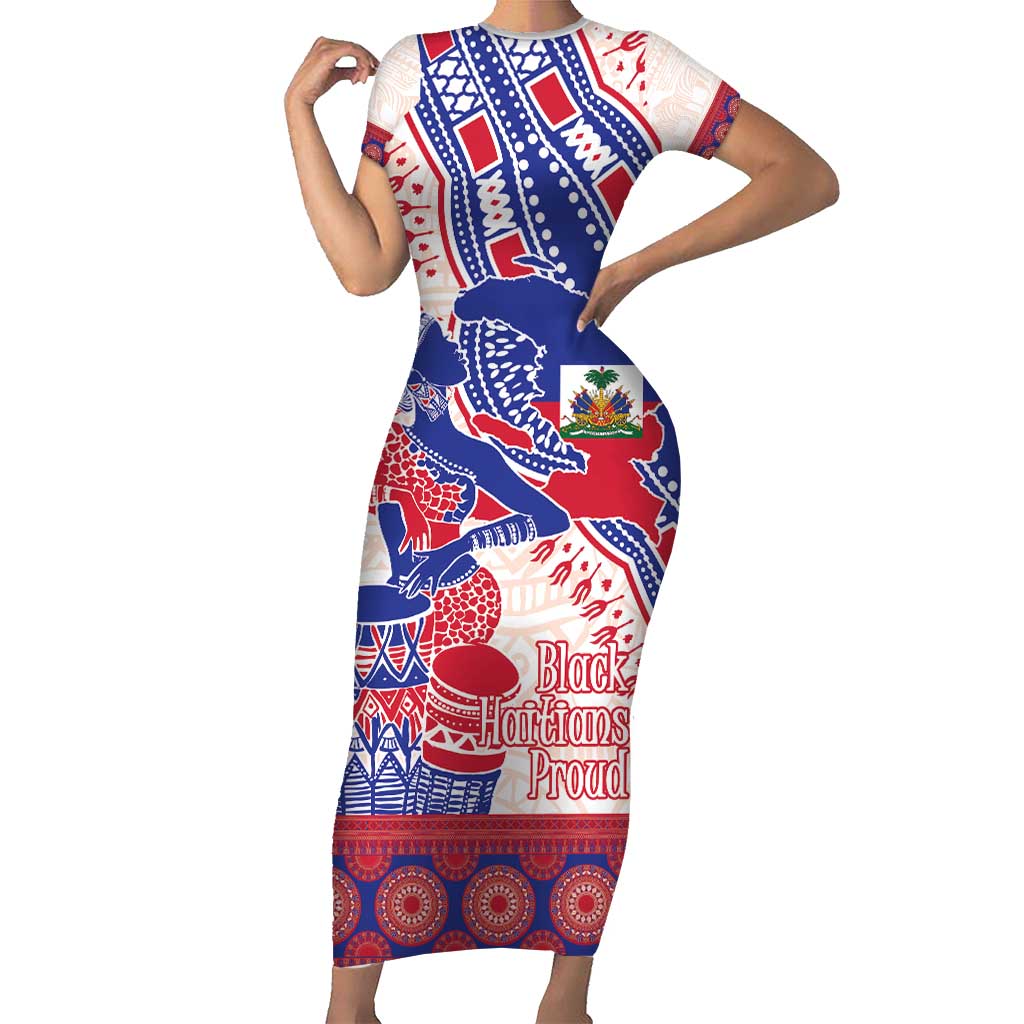 Afro-Haitians Proud Family Matching Short Sleeve Bodycon Dress and Hawaiian Shirt Haiti Coat Of Arms Dashiki