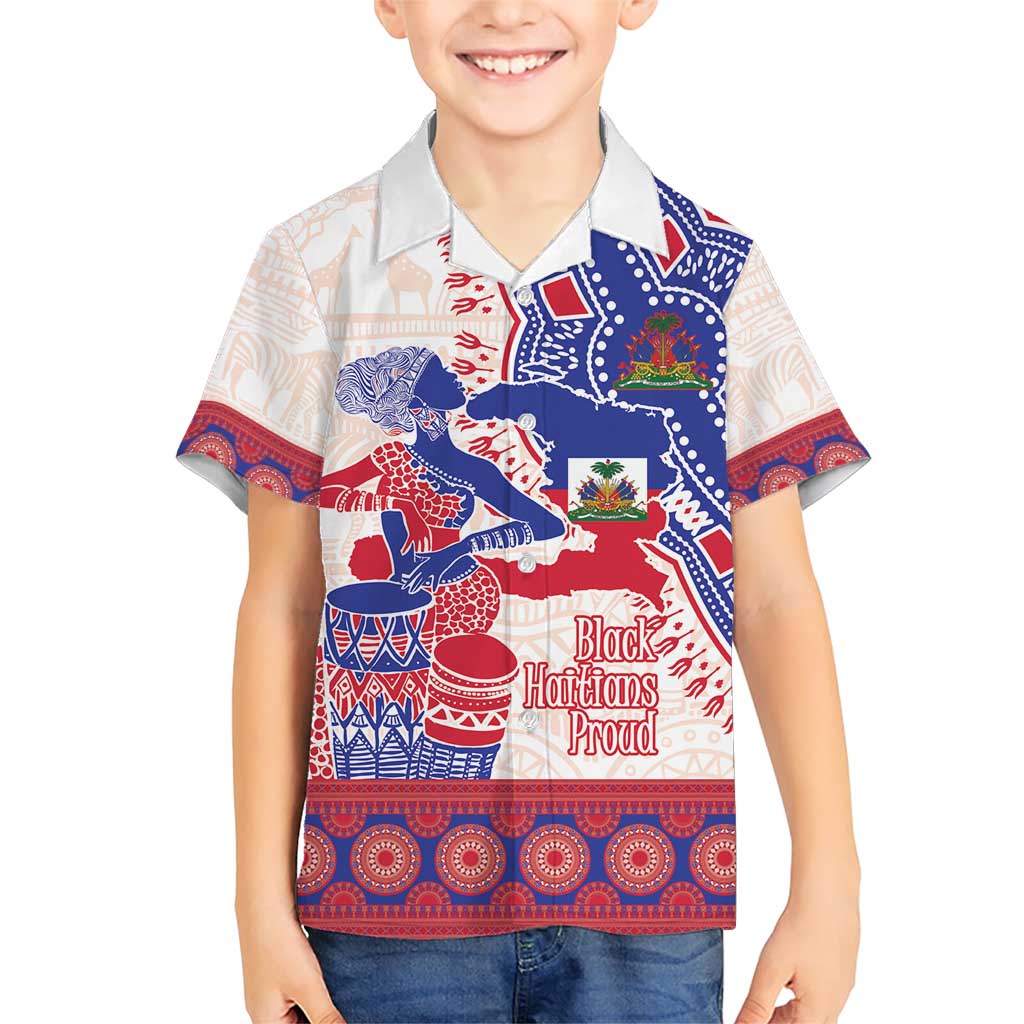 Afro-Haitians Proud Family Matching Short Sleeve Bodycon Dress and Hawaiian Shirt Haiti Coat Of Arms Dashiki