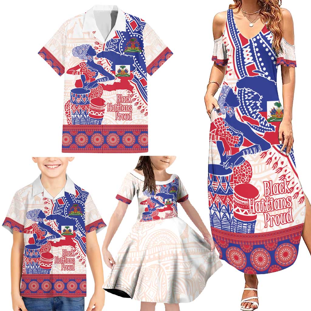 Afro-Haitians Proud Family Matching Summer Maxi Dress and Hawaiian Shirt Haiti Coat Of Arms Dashiki