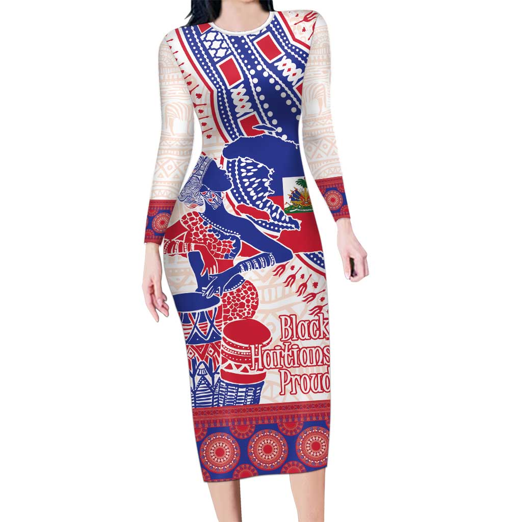Afro-Haitians Proud Long Sleeve Bodycon Dress Haiti Coat Of Arms Dashiki
