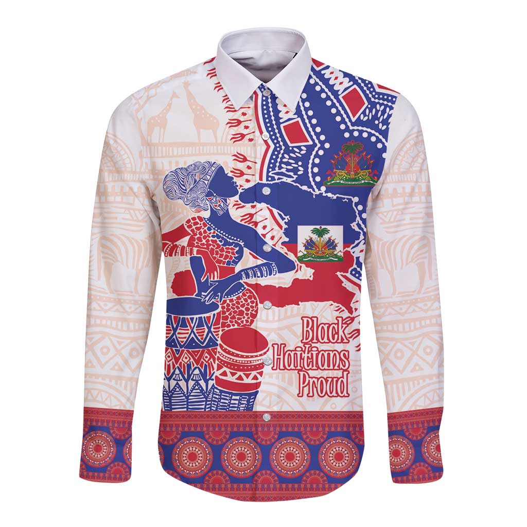 Afro-Haitians Proud Long Sleeve Button Shirt Haiti Coat Of Arms Dashiki