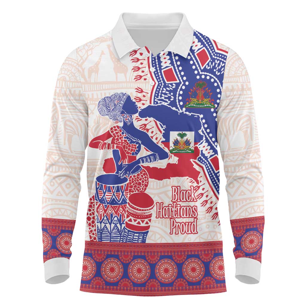 Afro-Haitians Proud Long Sleeve Polo Shirt Haiti Coat Of Arms Dashiki
