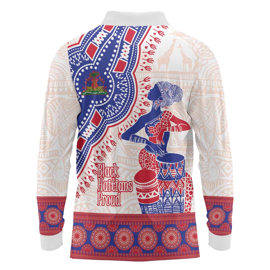 Afro-Haitians Proud Long Sleeve Polo Shirt Haiti Coat Of Arms Dashiki