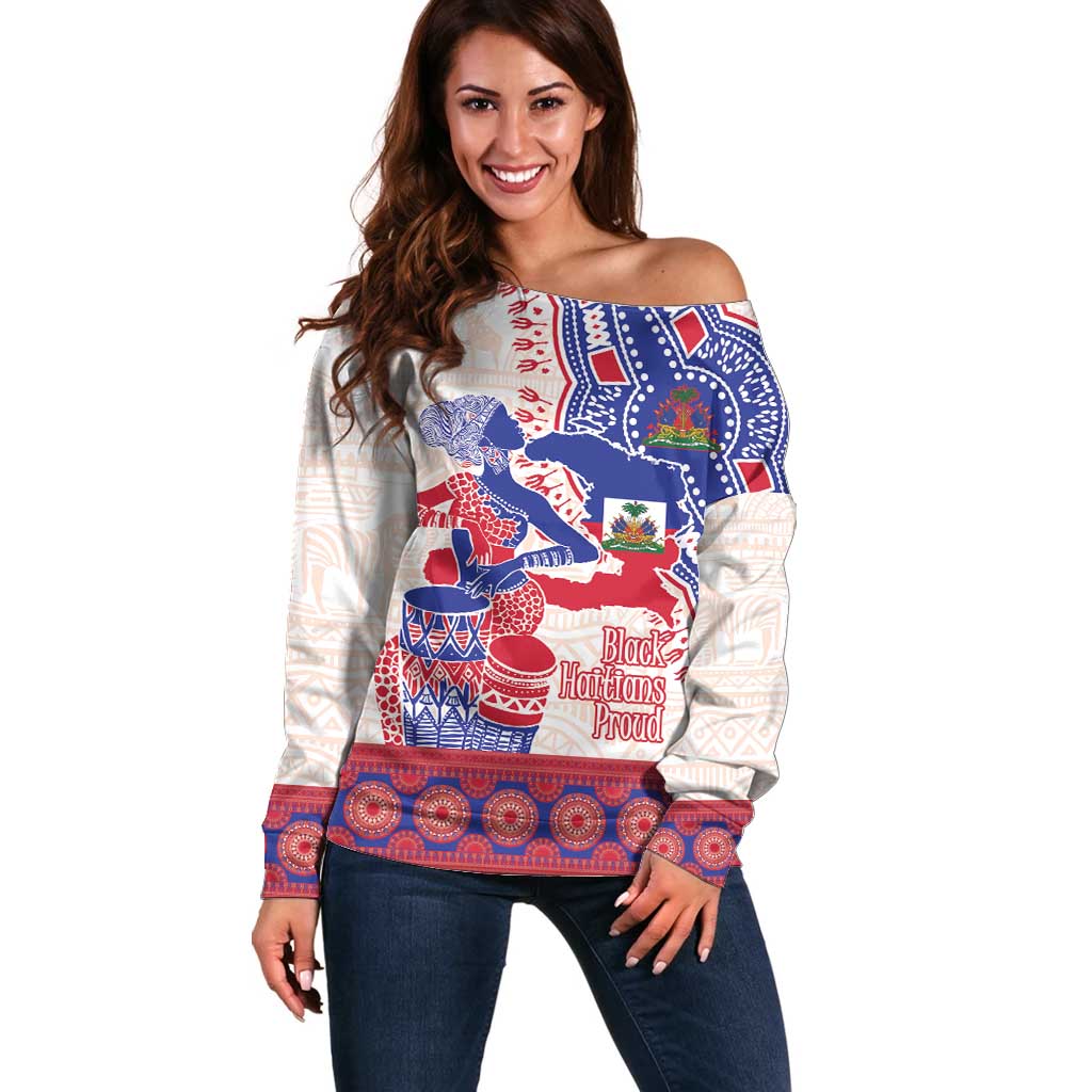 Afro-Haitians Proud Off Shoulder Sweater Haiti Coat Of Arms Dashiki