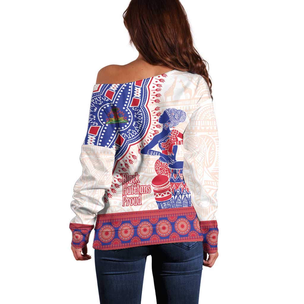 Afro-Haitians Proud Off Shoulder Sweater Haiti Coat Of Arms Dashiki