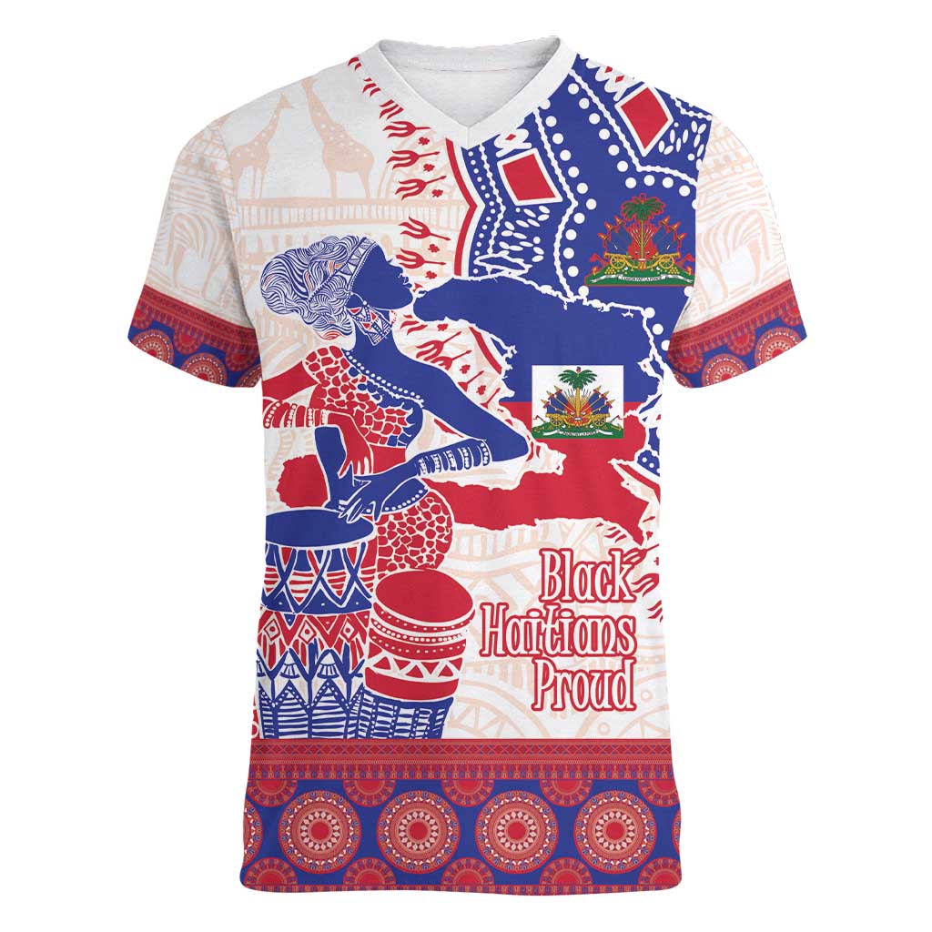 Afro-Haitians Proud Women V-Neck T-Shirt Haiti Coat Of Arms Dashiki