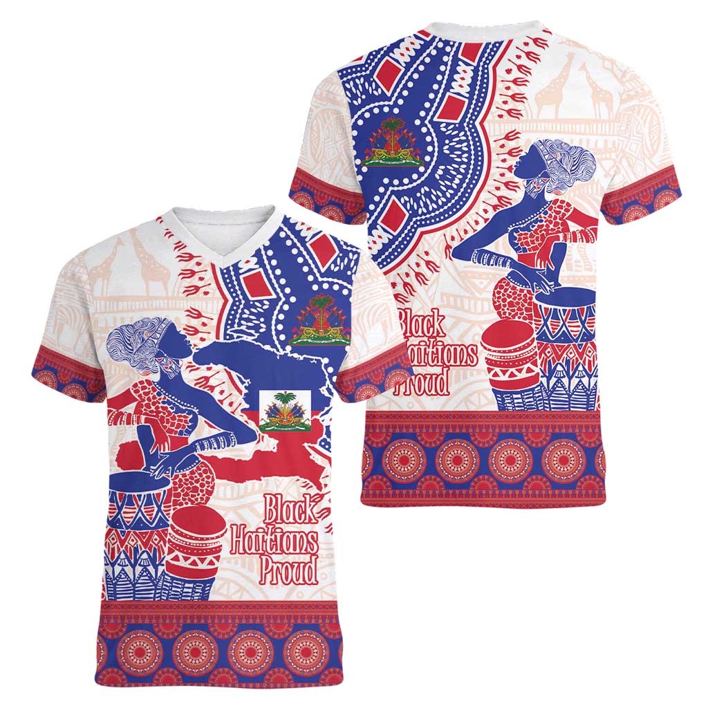 Afro-Haitians Proud Women V-Neck T-Shirt Haiti Coat Of Arms Dashiki