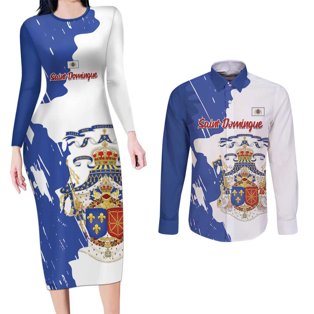 Personalised Saint-Domingue Couples Matching Long Sleeve Bodycon Dress and Long Sleeve Button Shirt Coat Of Arms Grunge Style