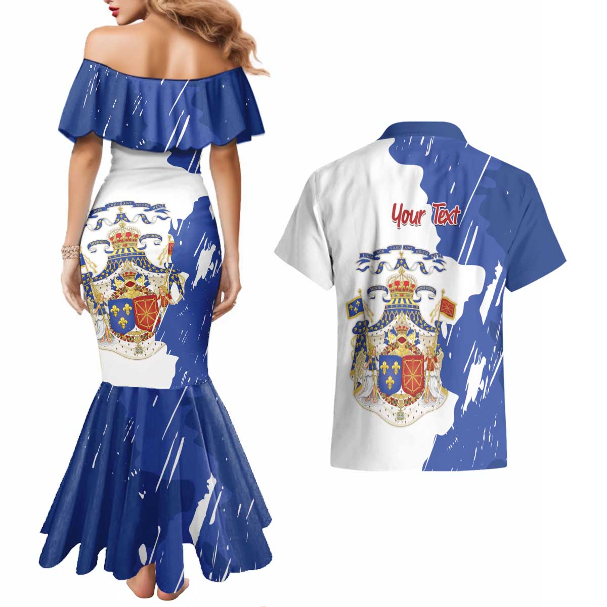 Personalised Saint-Domingue Couples Matching Mermaid Dress and Hawaiian Shirt Coat Of Arms Grunge Style