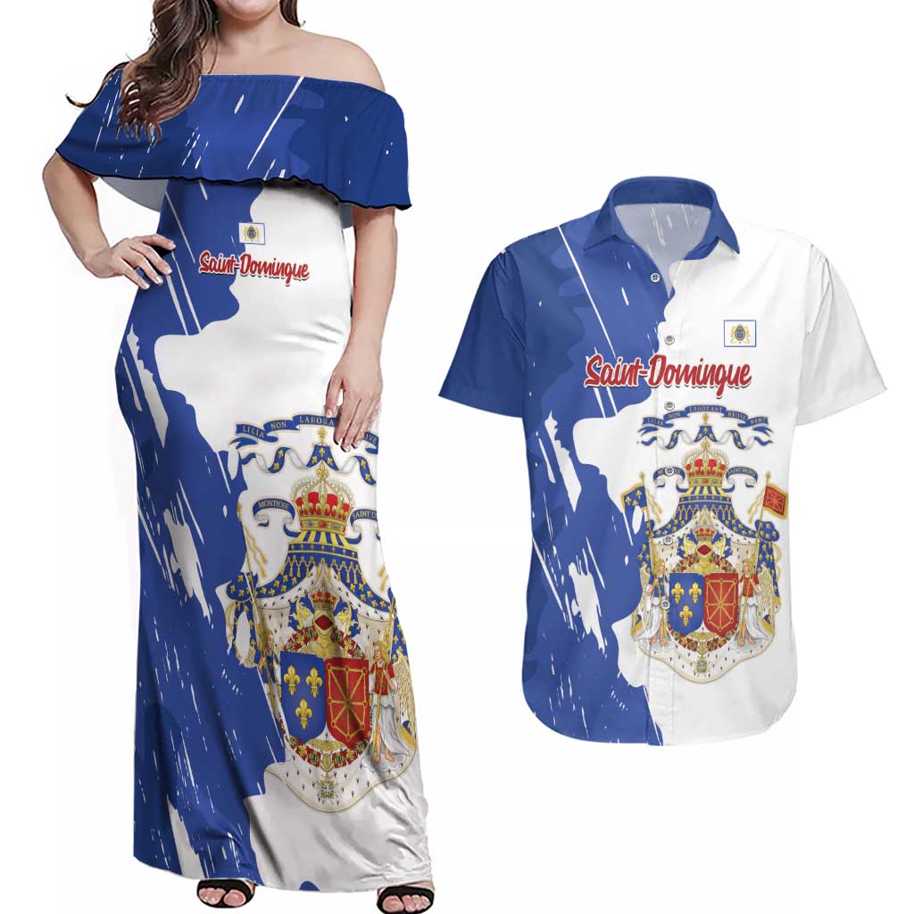 Personalised Saint-Domingue Couples Matching Off Shoulder Maxi Dress and Hawaiian Shirt Coat Of Arms Grunge Style