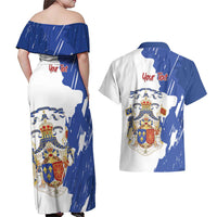 Personalised Saint-Domingue Couples Matching Off Shoulder Maxi Dress and Hawaiian Shirt Coat Of Arms Grunge Style