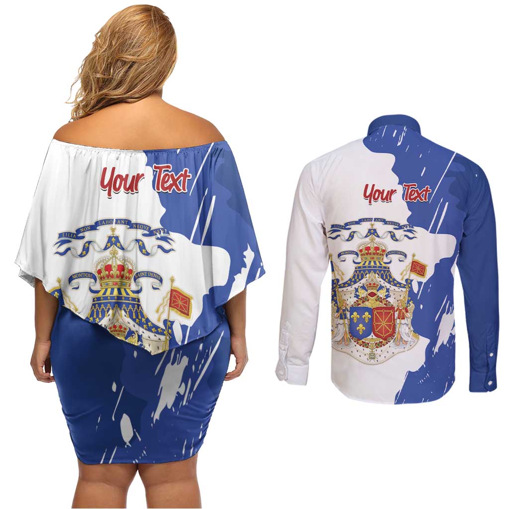 Personalised Saint-Domingue Couples Matching Off Shoulder Short Dress and Long Sleeve Button Shirt Coat Of Arms Grunge Style