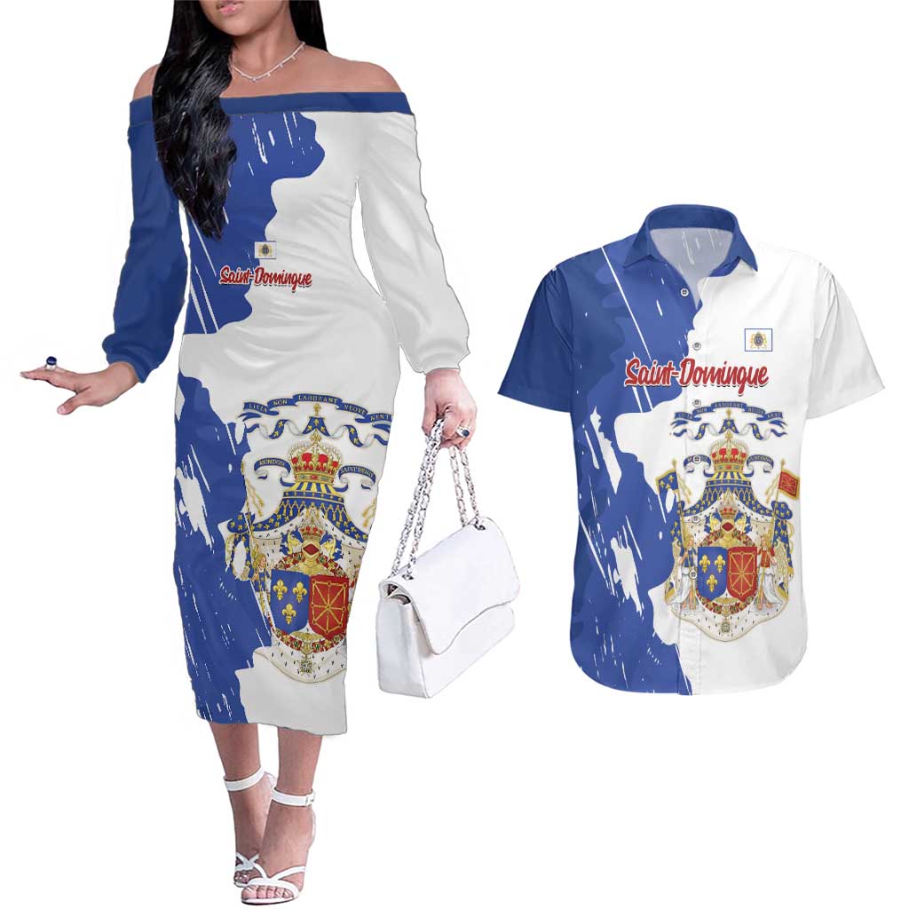 Personalised Saint-Domingue Couples Matching Off The Shoulder Long Sleeve Dress and Hawaiian Shirt Coat Of Arms Grunge Style