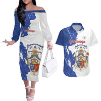 Personalised Saint-Domingue Couples Matching Off The Shoulder Long Sleeve Dress and Hawaiian Shirt Coat Of Arms Grunge Style