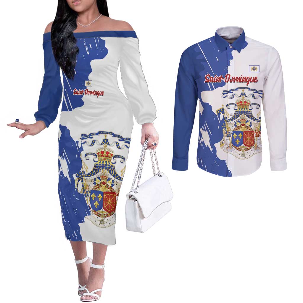 Personalised Saint-Domingue Couples Matching Off The Shoulder Long Sleeve Dress and Long Sleeve Button Shirt Coat Of Arms Grunge Style