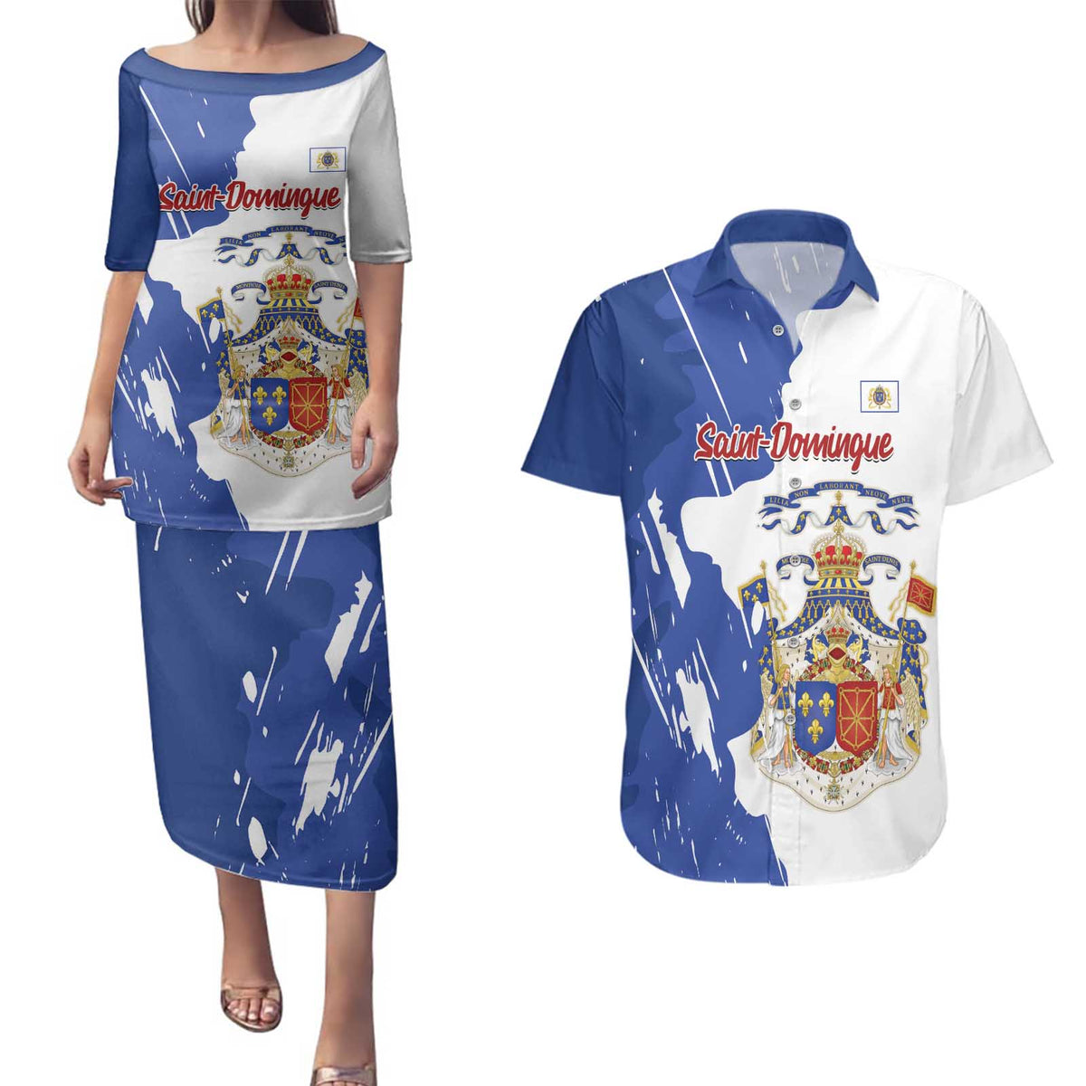 Personalised Saint-Domingue Couples Matching Puletasi and Hawaiian Shirt Coat Of Arms Grunge Style