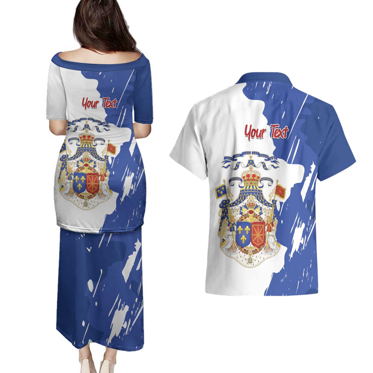 Personalised Saint-Domingue Couples Matching Puletasi and Hawaiian Shirt Coat Of Arms Grunge Style