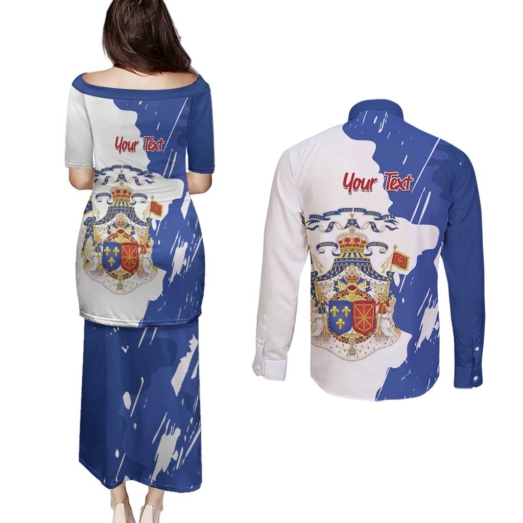 Personalised Saint-Domingue Couples Matching Puletasi and Long Sleeve Button Shirt Coat Of Arms Grunge Style