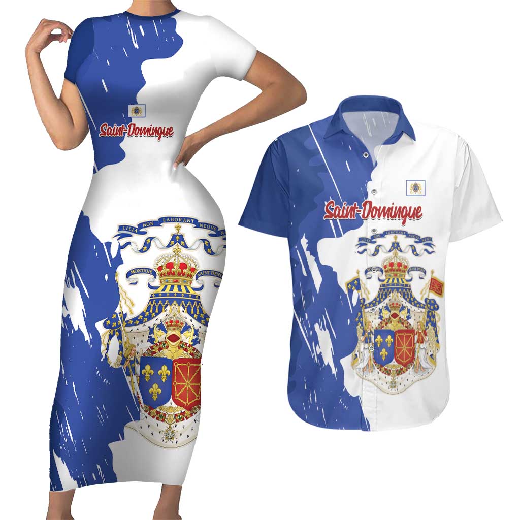 Personalised Saint-Domingue Couples Matching Short Sleeve Bodycon Dress and Hawaiian Shirt Coat Of Arms Grunge Style