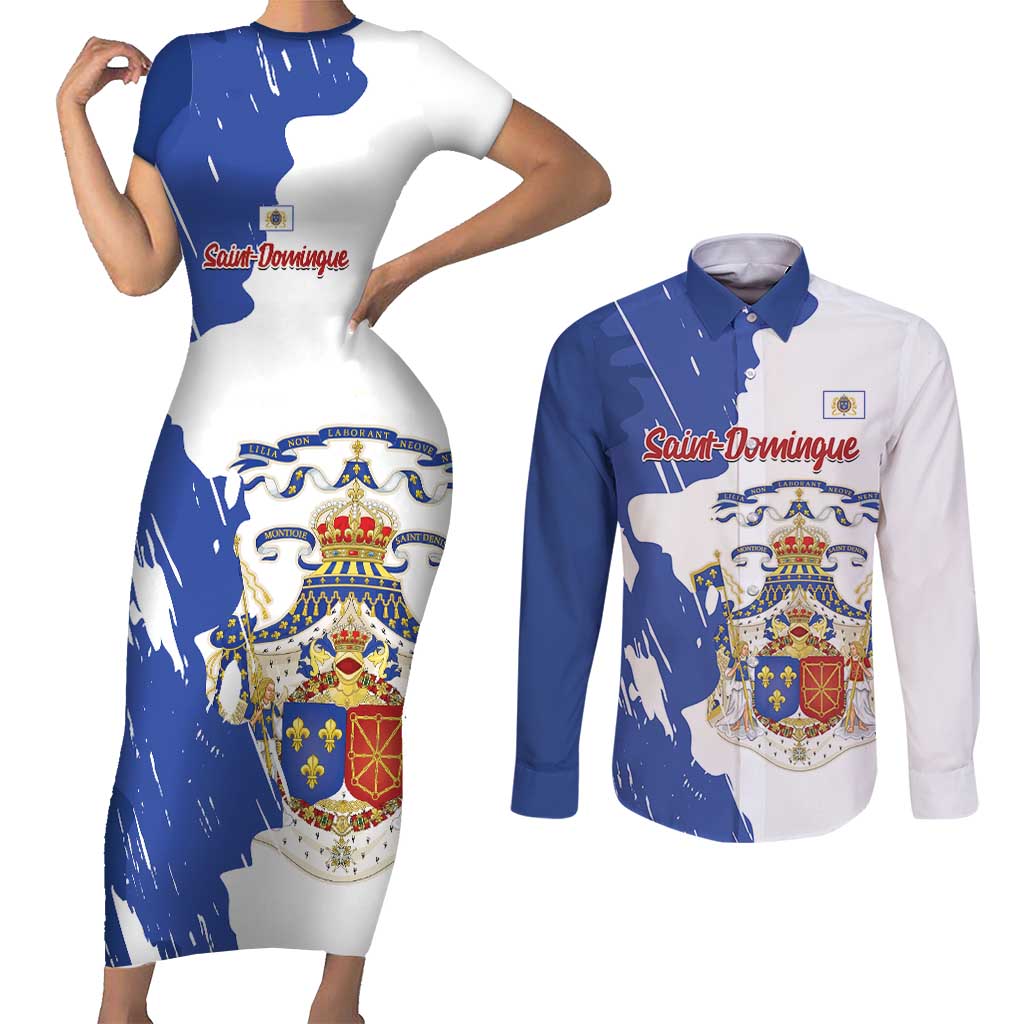 Personalised Saint-Domingue Couples Matching Short Sleeve Bodycon Dress and Long Sleeve Button Shirt Coat Of Arms Grunge Style