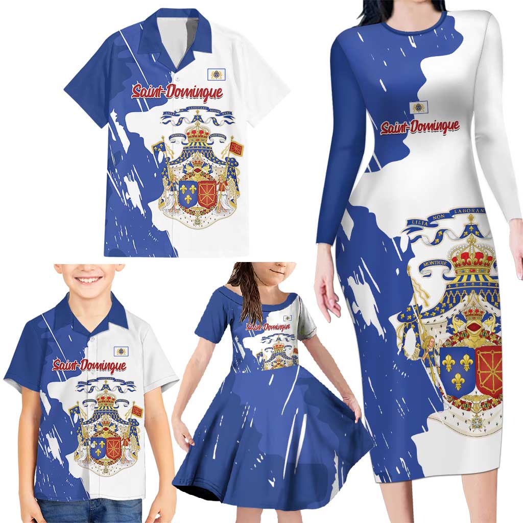 Personalised Saint-Domingue Family Matching Long Sleeve Bodycon Dress and Hawaiian Shirt Coat Of Arms Grunge Style