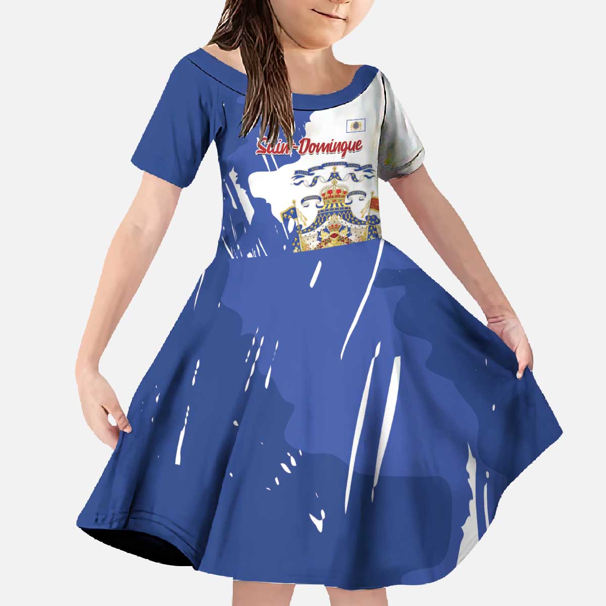 Personalised Saint-Domingue Family Matching Off The Shoulder Long Sleeve Dress and Hawaiian Shirt Coat Of Arms Grunge Style