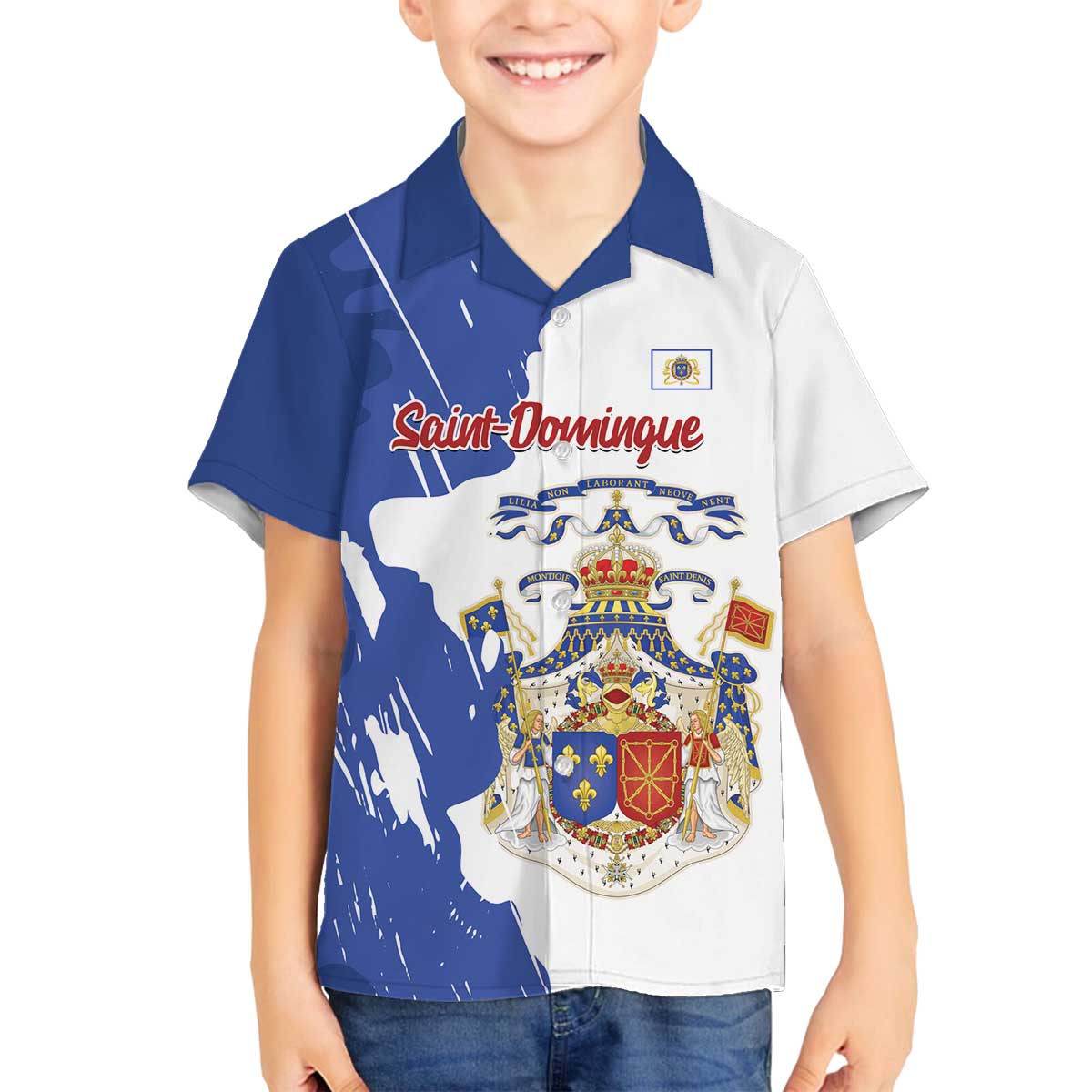Personalised Saint-Domingue Family Matching Off The Shoulder Long Sleeve Dress and Hawaiian Shirt Coat Of Arms Grunge Style