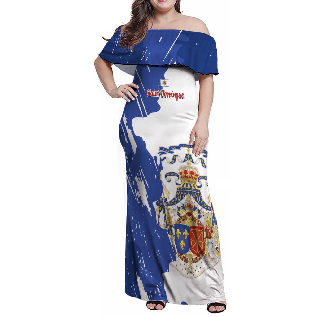 Personalised Saint-Domingue Family Matching Off Shoulder Maxi Dress and Hawaiian Shirt Coat Of Arms Grunge Style